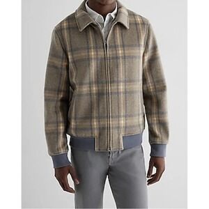 Express Men's Plaid Wool Blend Bomber Jacket Multi Color Small Beige Grey White